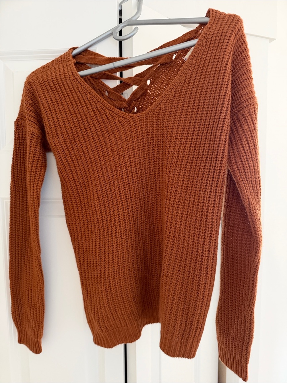 Women's Rust Knit V-Neck Sweater with Back Lace-Up Detail